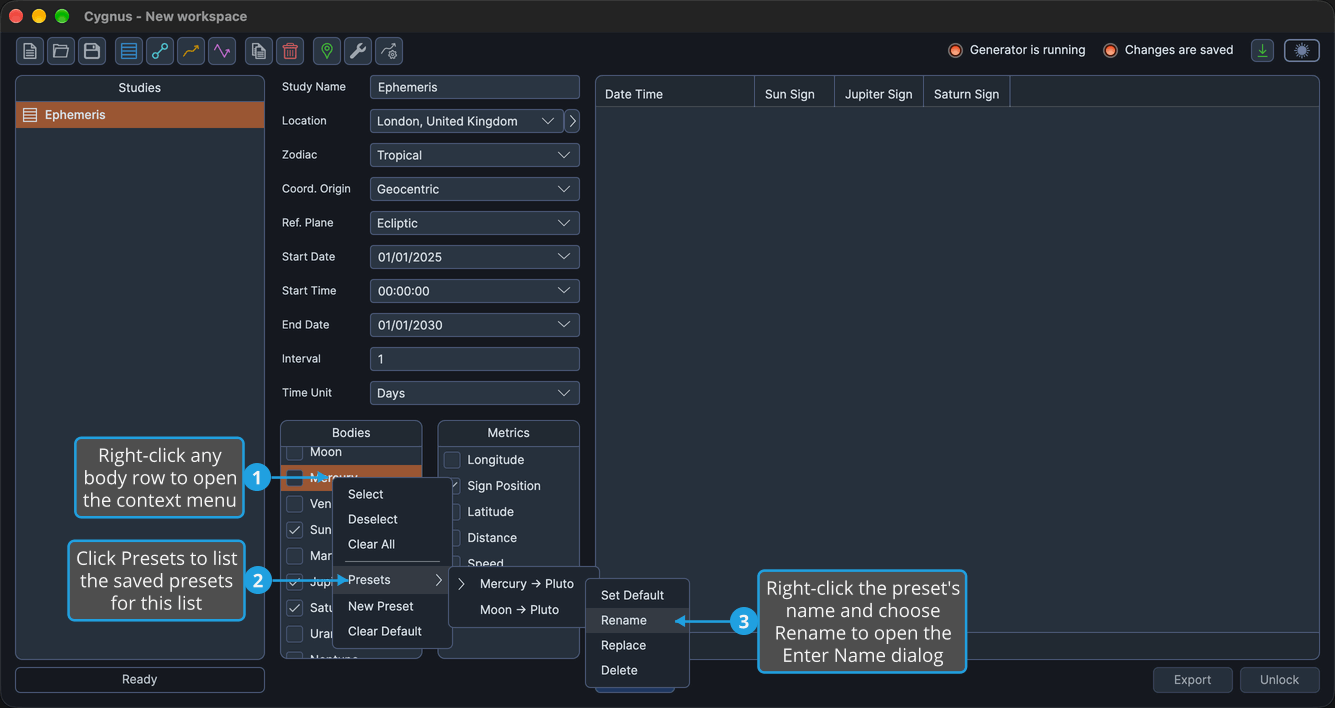 The preset context menu open from a Bodies list preset in the Presets submenu, with Rename highlighted.