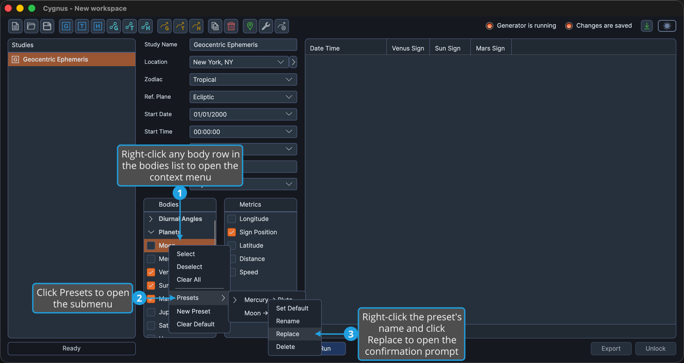 The Replace command highlighted in the preset menu opened from the Bodies list Presets submenu.