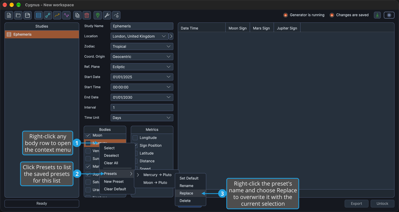 The preset context menu open from a Bodies list preset in the Presets submenu, with Replace highlighted.