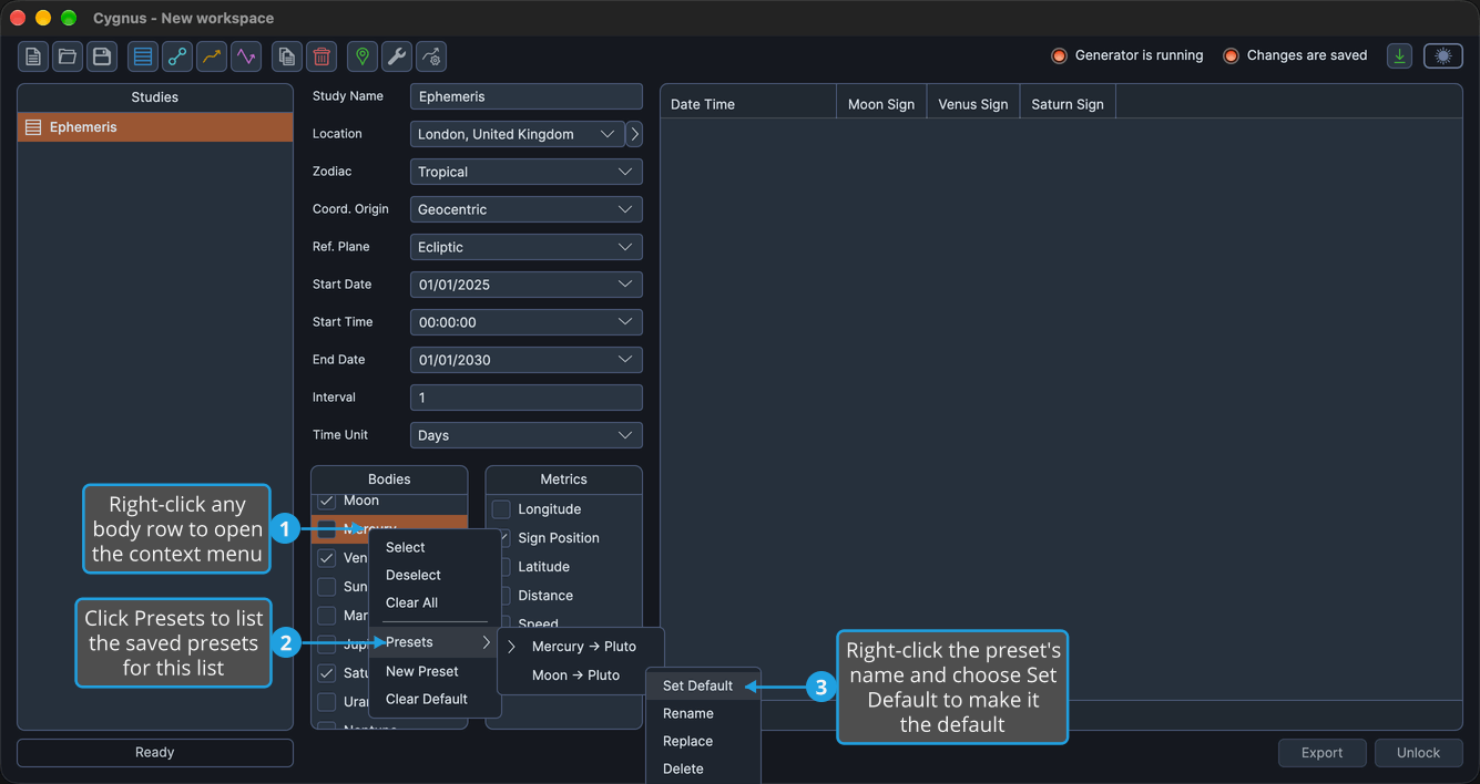 The preset context menu open from a Bodies list preset in the Presets submenu, with Set Default highlighted.