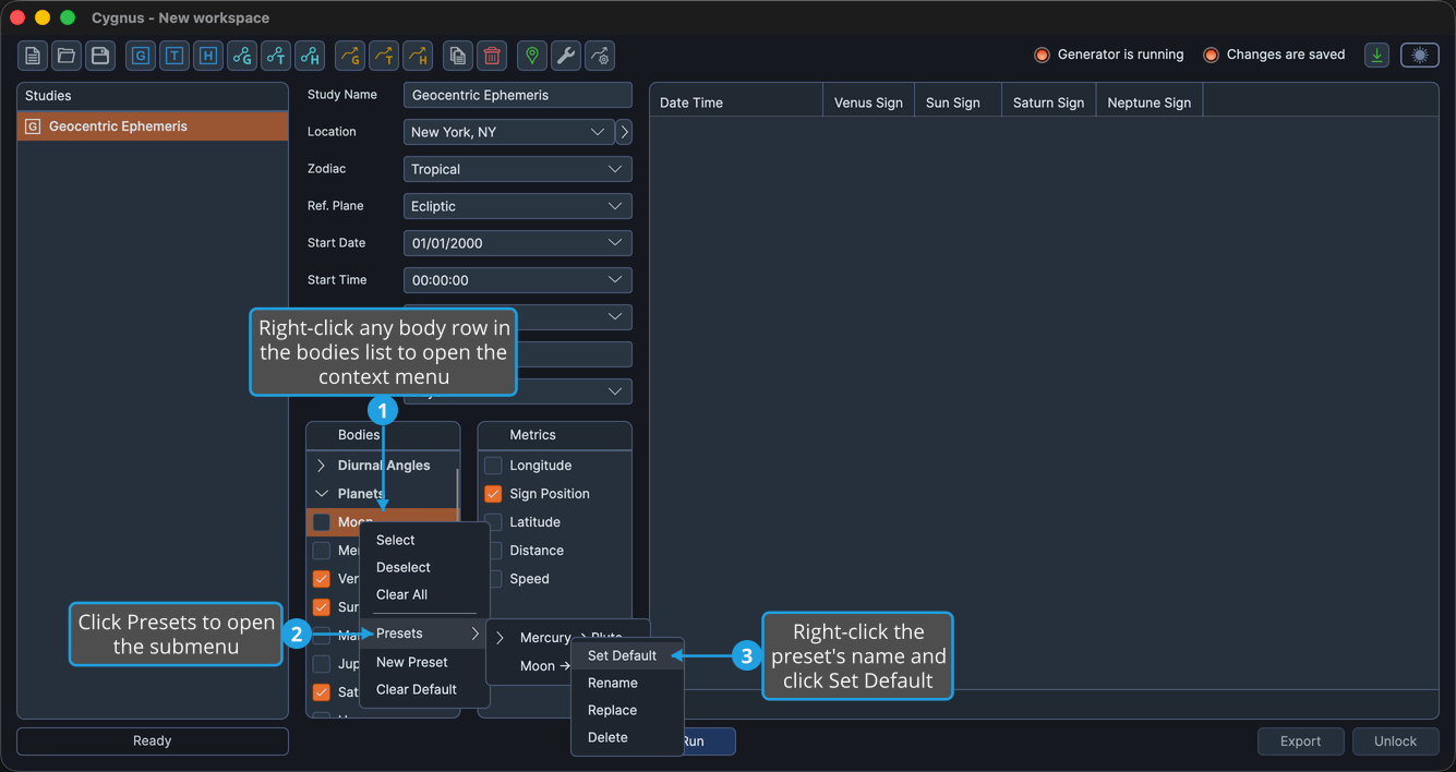 A preset's own menu open beside the Presets submenu of the Bodies list, with Set Default highlighted.