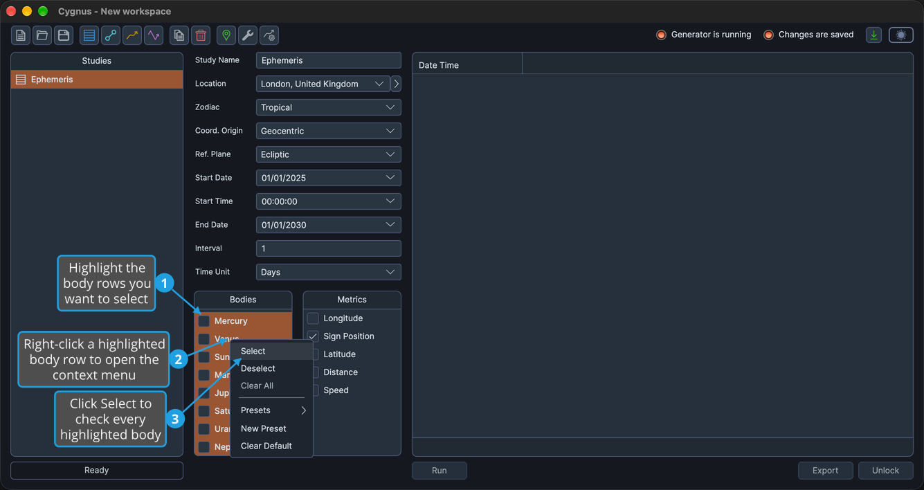 Mercury through Neptune highlighted in an unchecked Bodies list, the body row context menu open with Select highlighted.