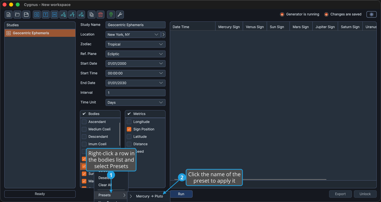 The bodies list with a row's right-click context menu open and the Presets submenu showing the saved presets.
