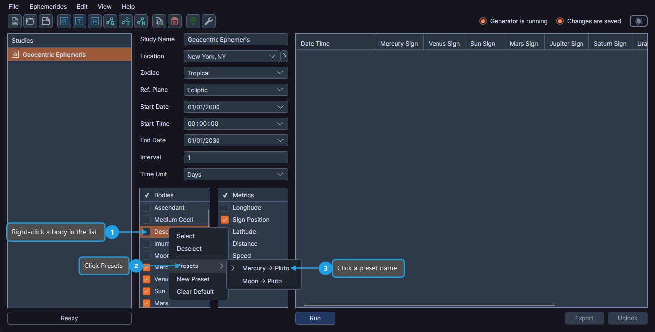 Bodies preset application showing available presets in the Presets submenu