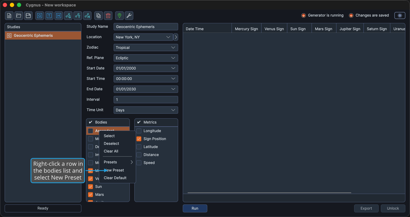 The bodies list with a row's right-click context menu open showing New Preset.