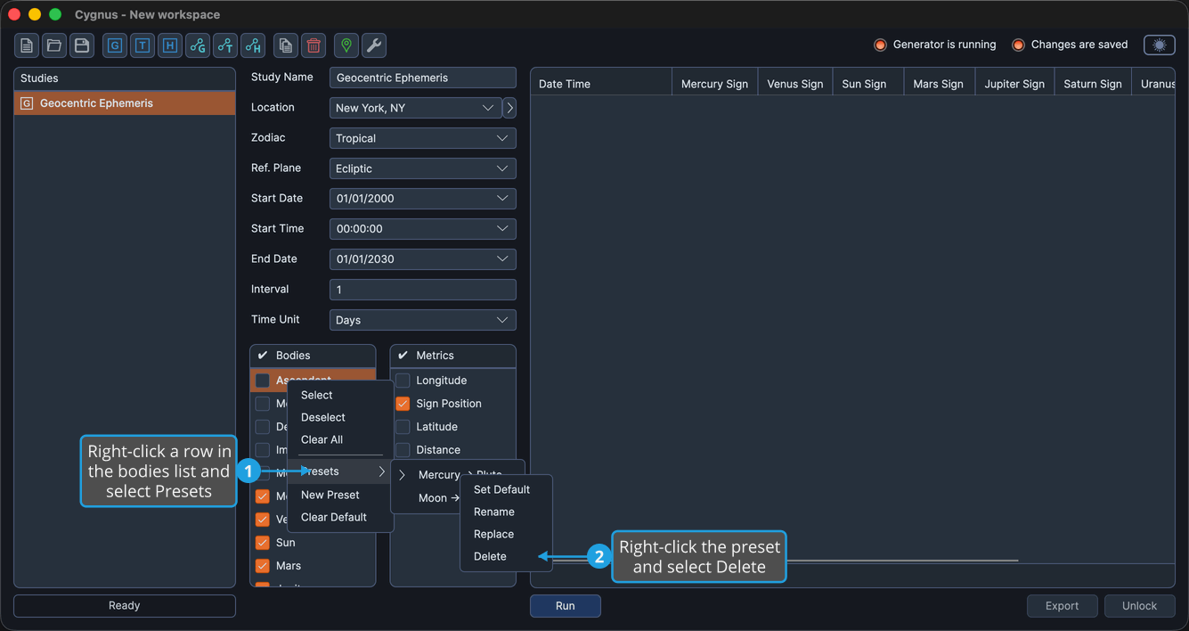 The bodies list with the Presets submenu open and a preset's right-click context menu showing Delete.