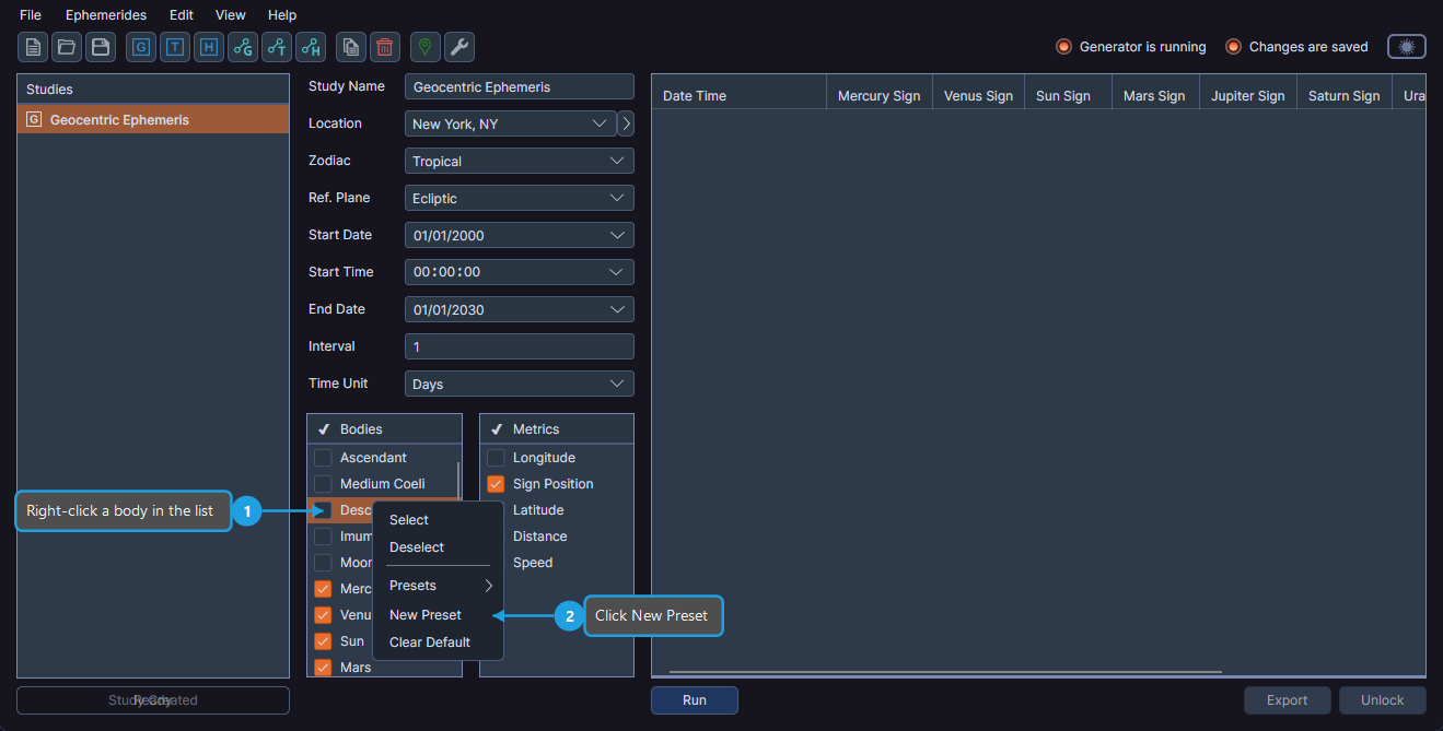 Bodies preset creation showing the New Preset option in the Presets submenu
