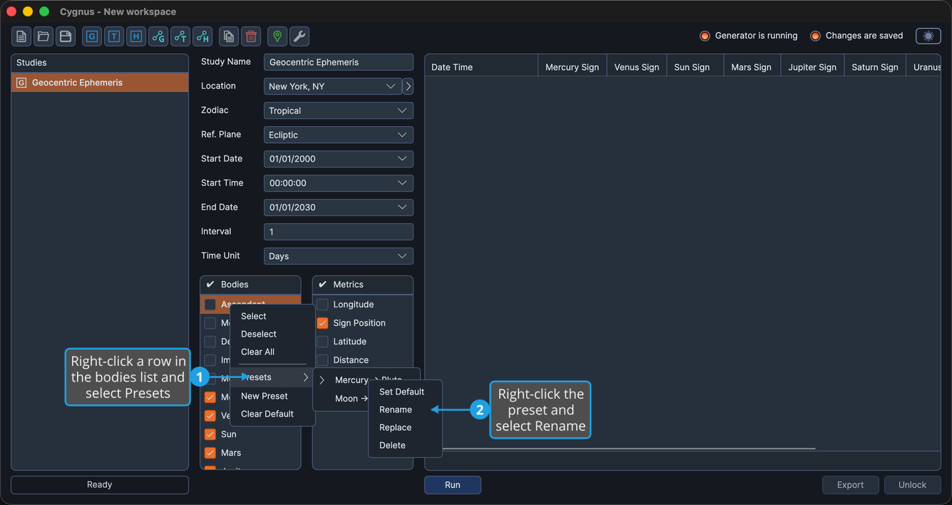 The bodies list with the Presets submenu open and a preset's right-click context menu showing Rename.