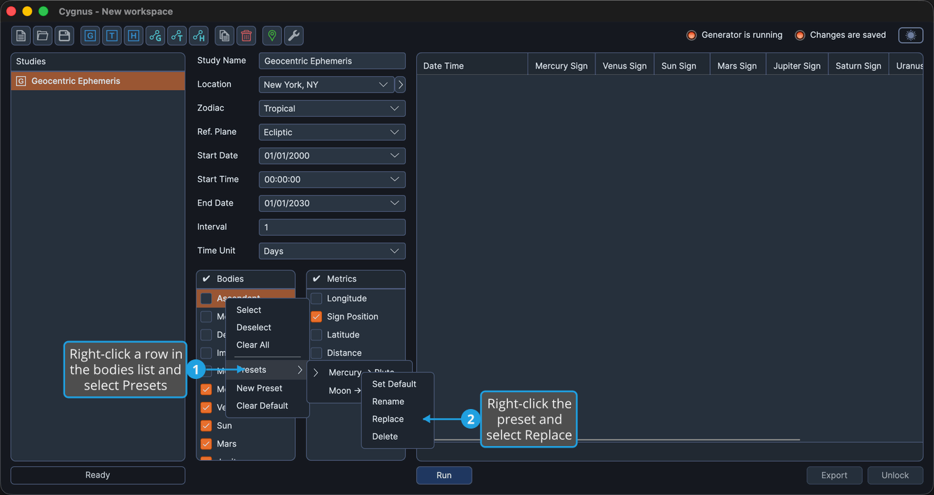 The bodies list with the Presets submenu open and a preset's right-click context menu showing Replace.