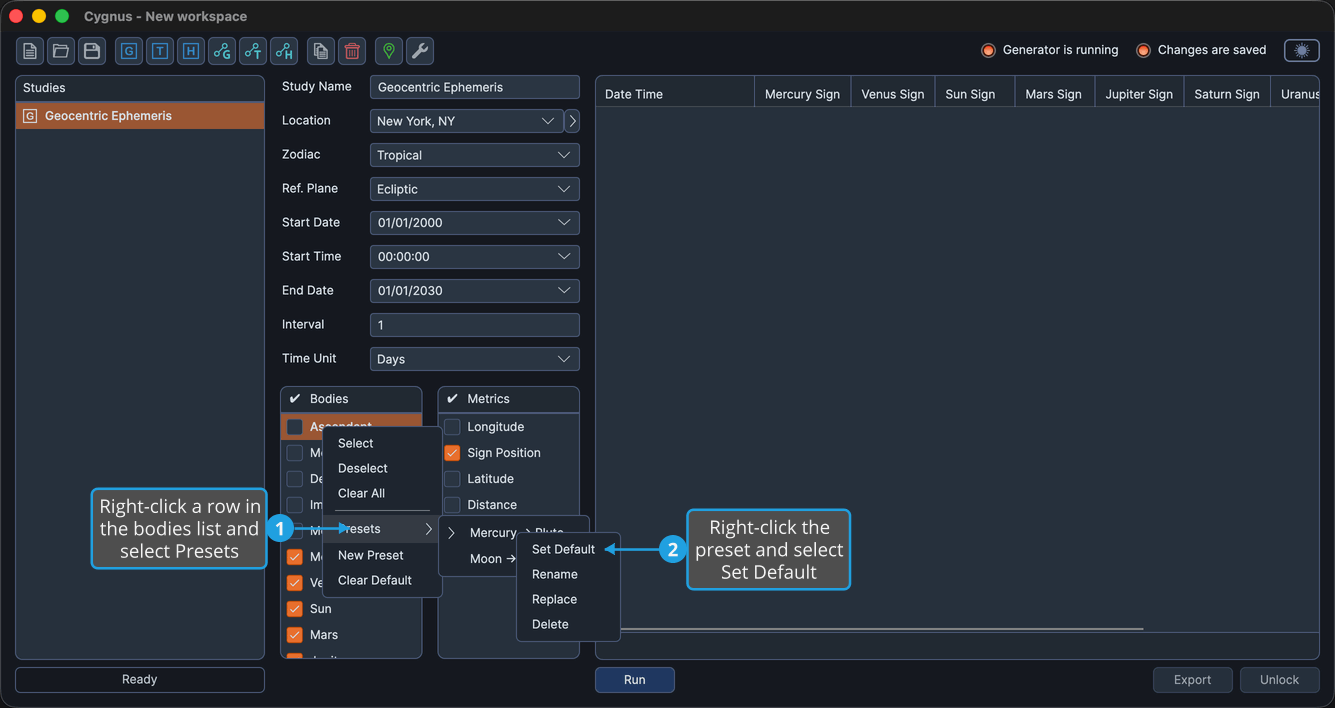 The bodies list with the Presets submenu open and a preset's right-click context menu showing Set Default.