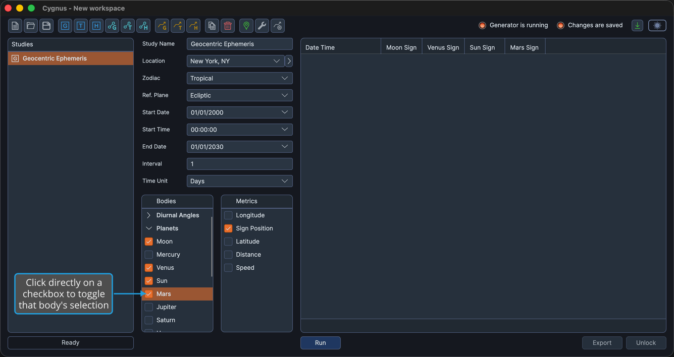 The Bodies list with the Mars checkbox checked in the open Planets group, alongside Moon, Venus, and Sun.