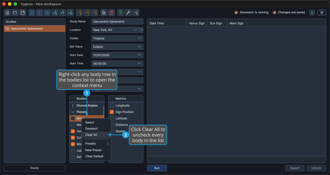 The Bodies list context menu open on the Moon row with Clear All highlighted and Venus, Sun, and Mars checked.