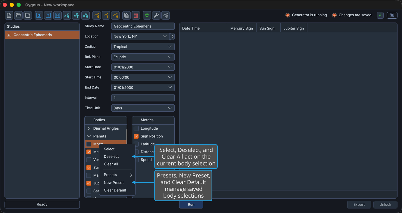 The Bodies list context menu listing Select, Deselect, Clear All, Presets, New Preset, and Clear Default.
