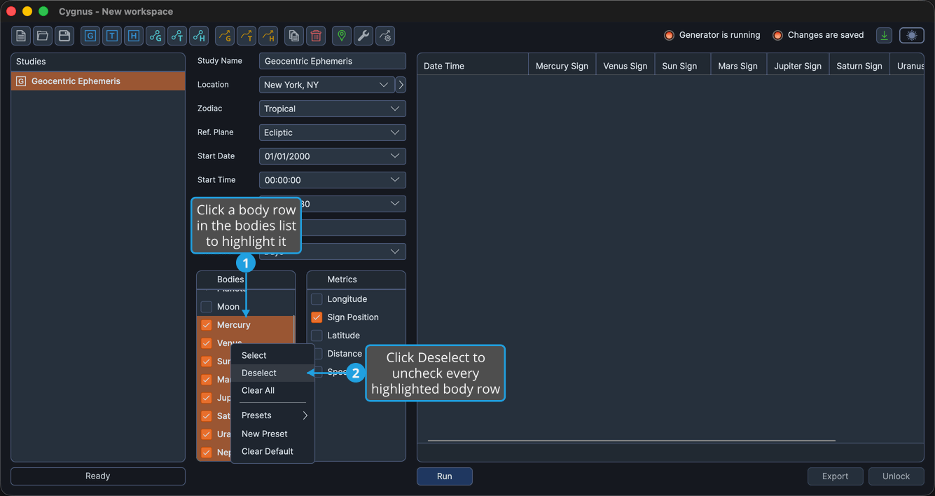 The Bodies list with a run of checked rows highlighted and Deselect highlighted in the open context menu.