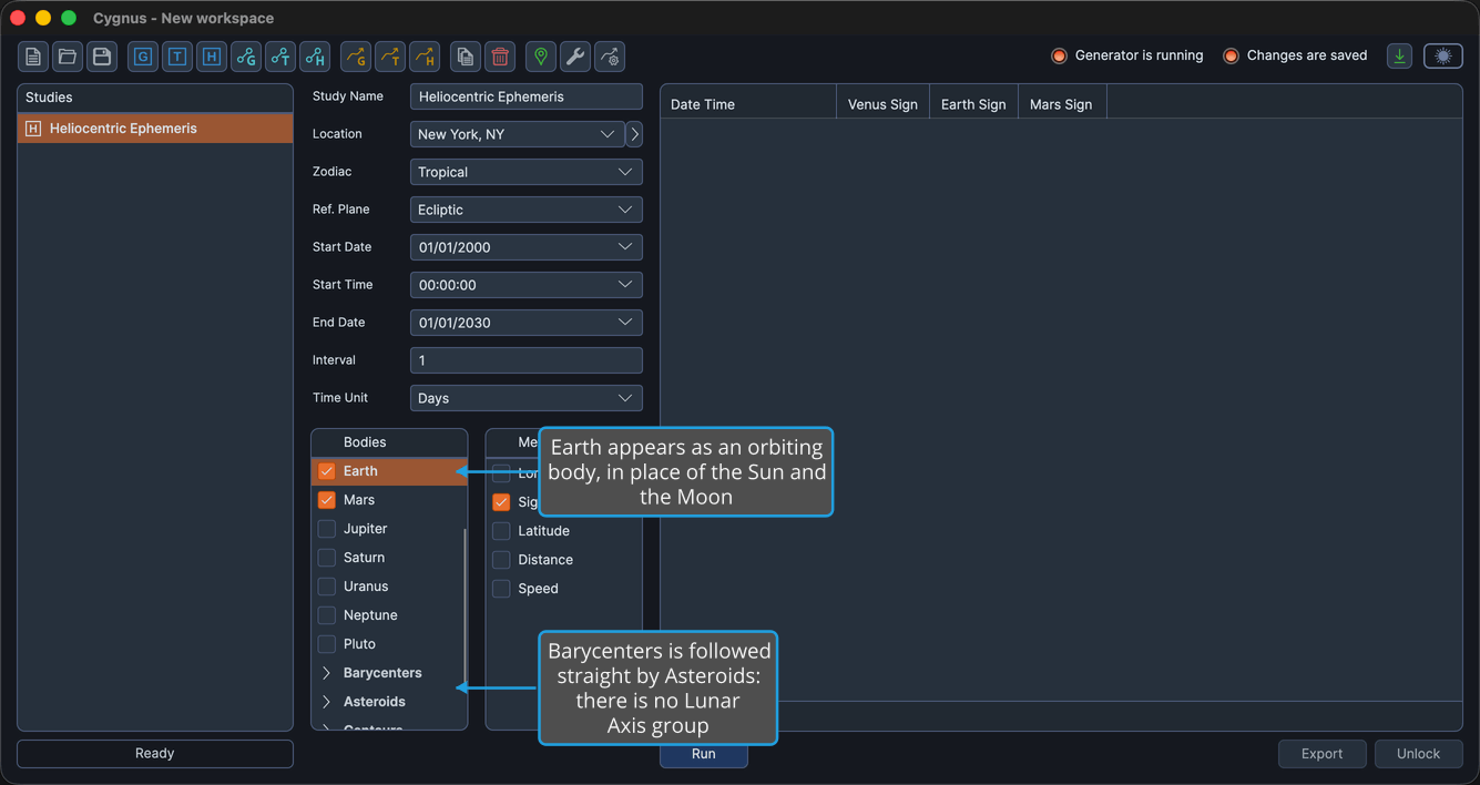 The Bodies list on a Heliocentric Ephemeris Study, scrolled to Earth at the top of the open Planets group.