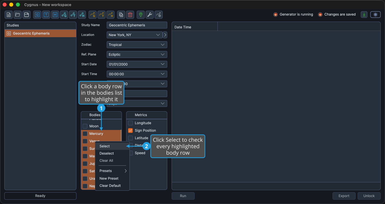A run of unchecked body rows highlighted in the Bodies list, with Select highlighted in the context menu.