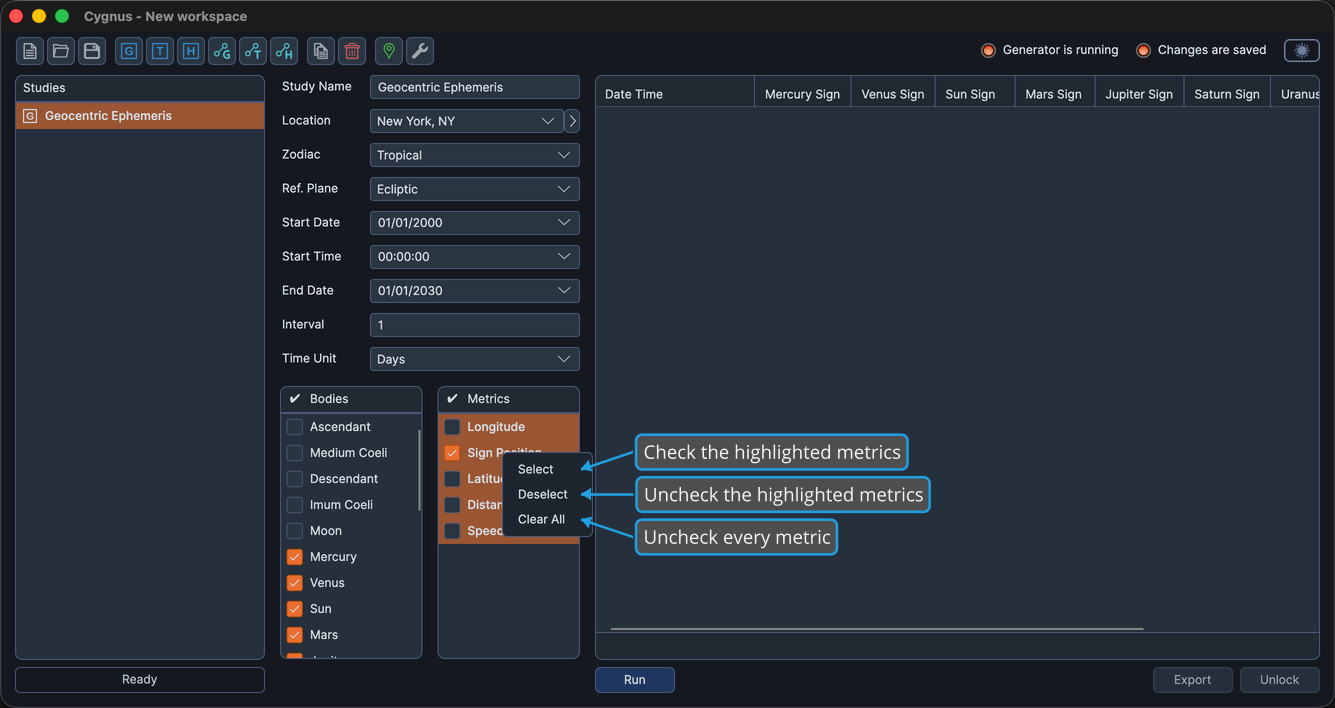 The Metrics list with several rows highlighted and the right-click context menu open.