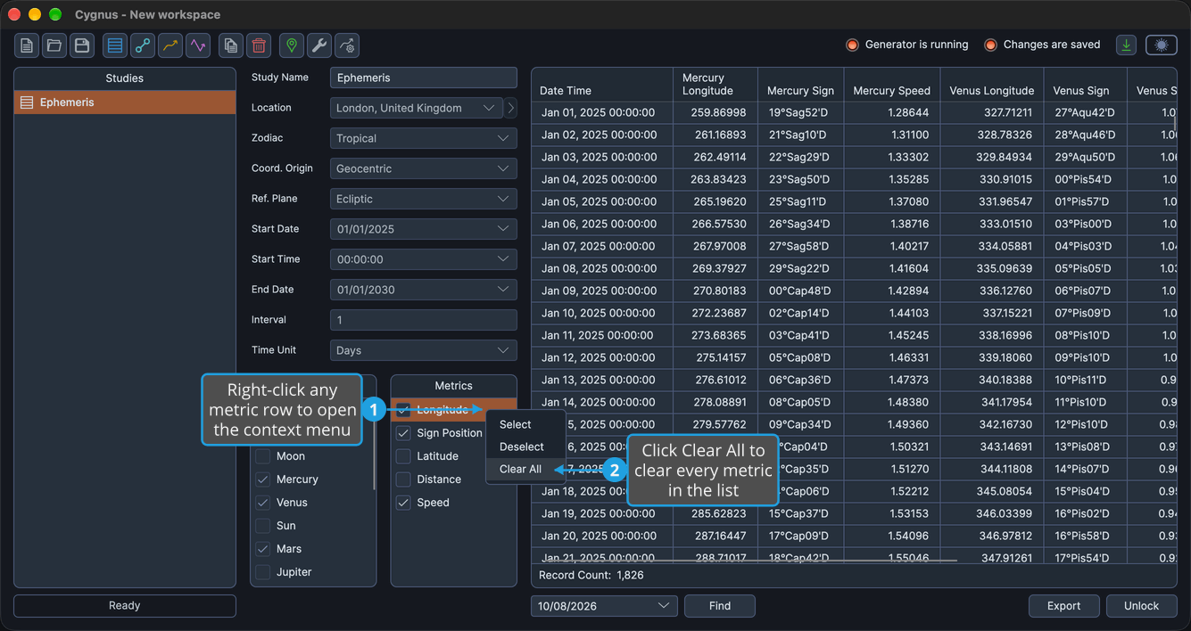 The metrics row context menu open from the Longitude row of a generated Ephemeris study, with Clear All highlighted.