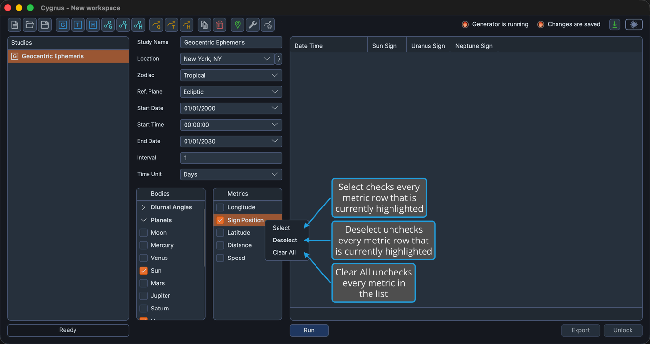 The Metrics list context menu open on the Sign Position row, listing Select, Deselect, and Clear All.