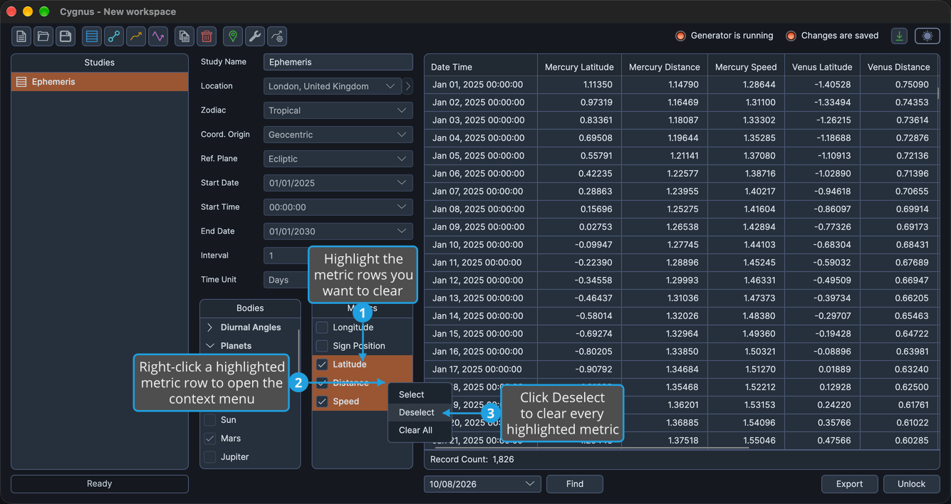 Latitude, Distance and Speed checked and highlighted in the Metrics list, the metrics row context menu open with Deselect highlighted.