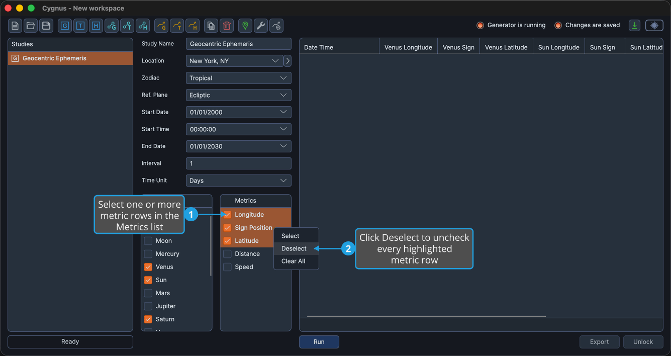 Longitude, Sign Position, and Latitude checked and highlighted in the Metrics list, with Deselect highlighted.