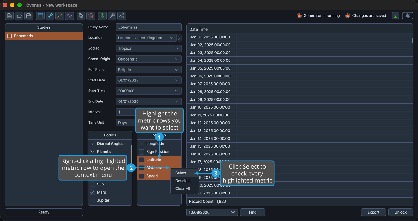 Latitude, Distance and Speed highlighted in an unchecked Metrics list, the metrics row context menu open with Select highlighted.