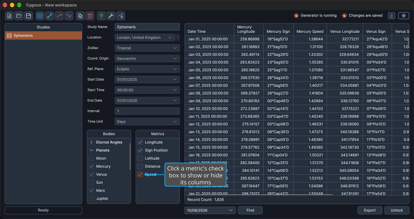 A generated Ephemeris study with Longitude, Sign Position and Speed checked in its Metrics list and their columns in the ephemeris table.