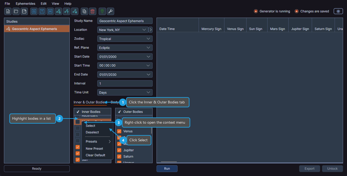 Aspect Ephemeris body selection showing Inner Bodies and Outer Bodies tabs with context menu