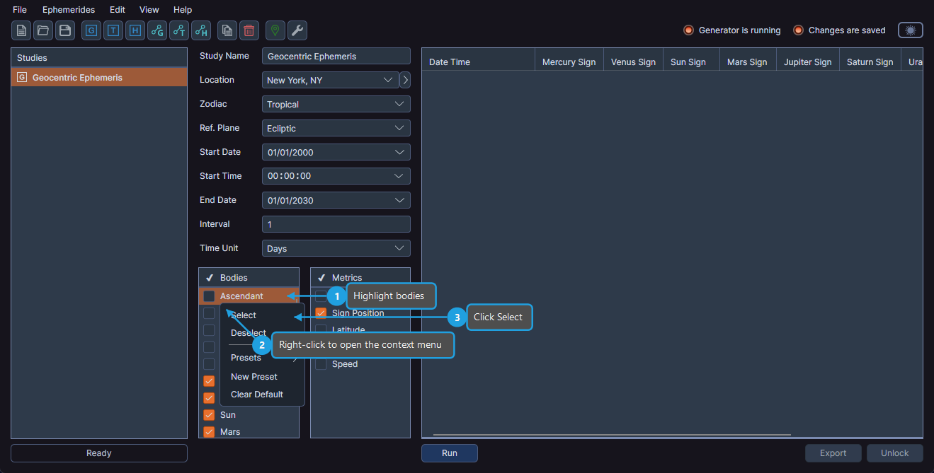Bodies list context menu showing Select, Deselect, and Presets options