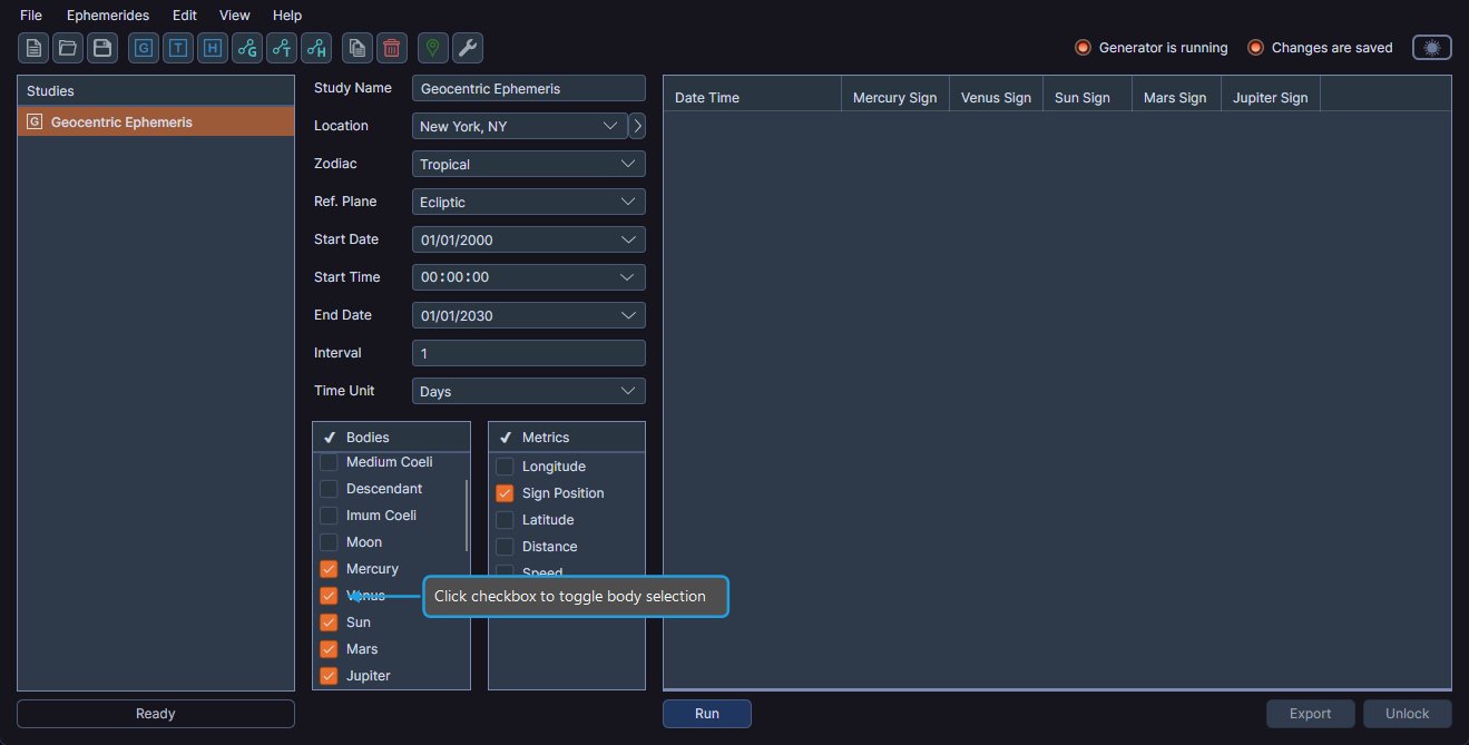 Bodies list panel showing available celestial bodies for selection