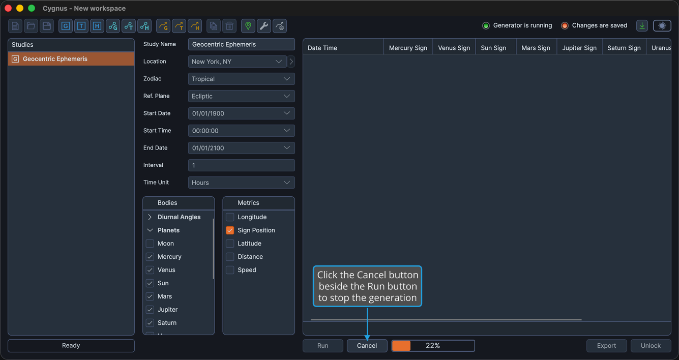 The Cancel button enabled beside a dimmed Run button beneath the study's empty ephemeris table.