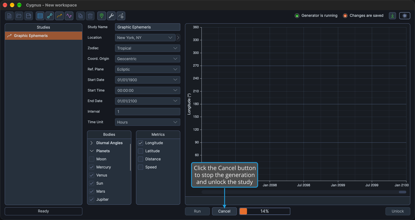 A Graphic Ephemeris study part-way through generation, with the Cancel button and the progress bar in the button bar below the empty graph.