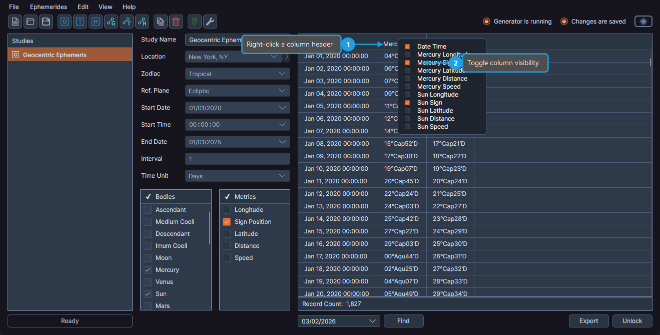 Results table column header context menu showing visibility options
