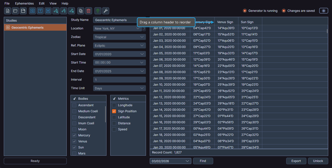 Results table showing column reorder by dragging a column header