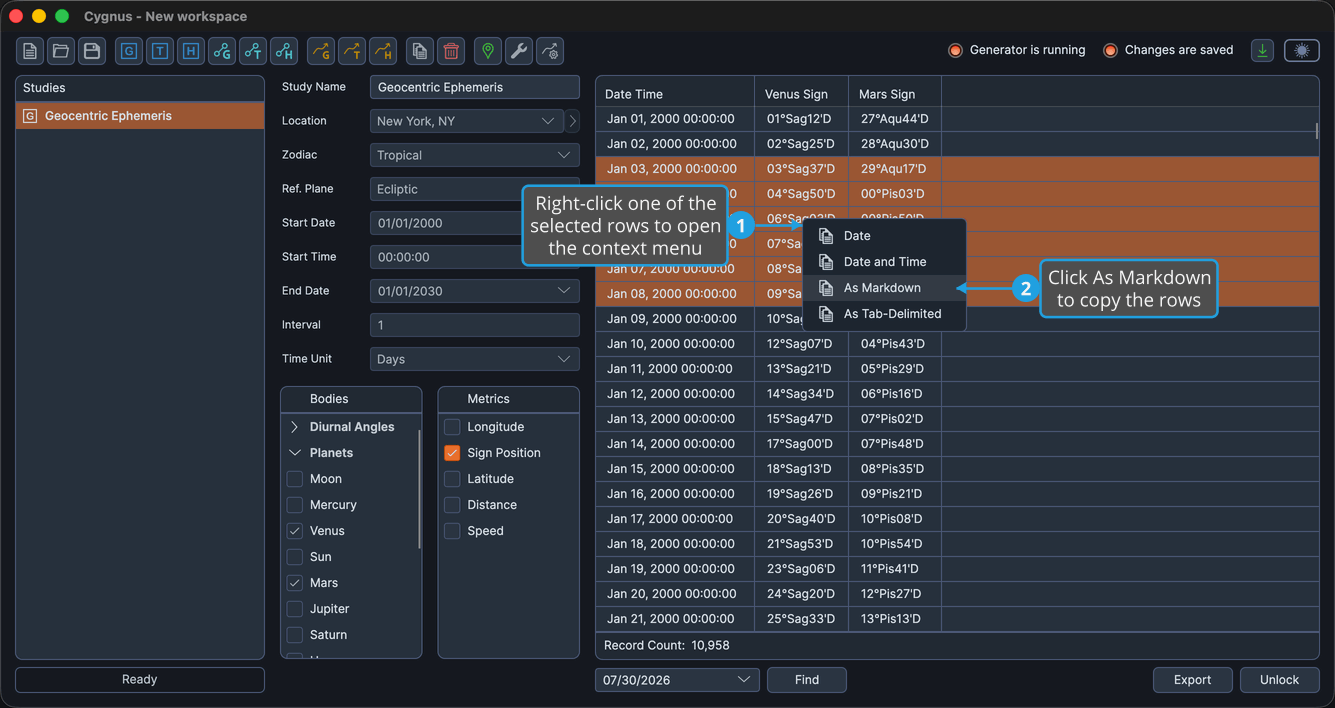 A contiguous block of selected rows in the ephemeris table, with the As Markdown command highlighted in the menu.