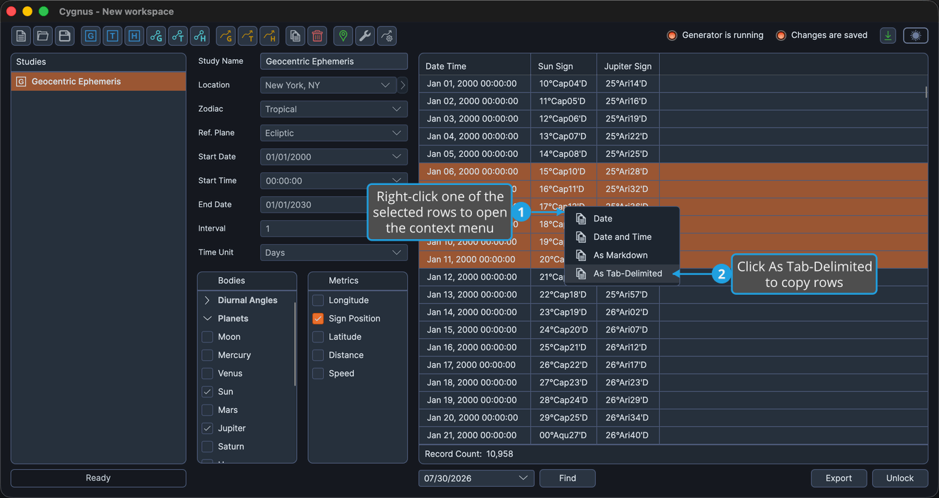 A contiguous block of selected rows in the ephemeris table, with the As Tab-Delimited command highlighted in the menu.