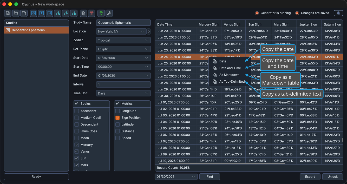 The ephemeris table with records selected and the right-click context menu open showing the copy commands.