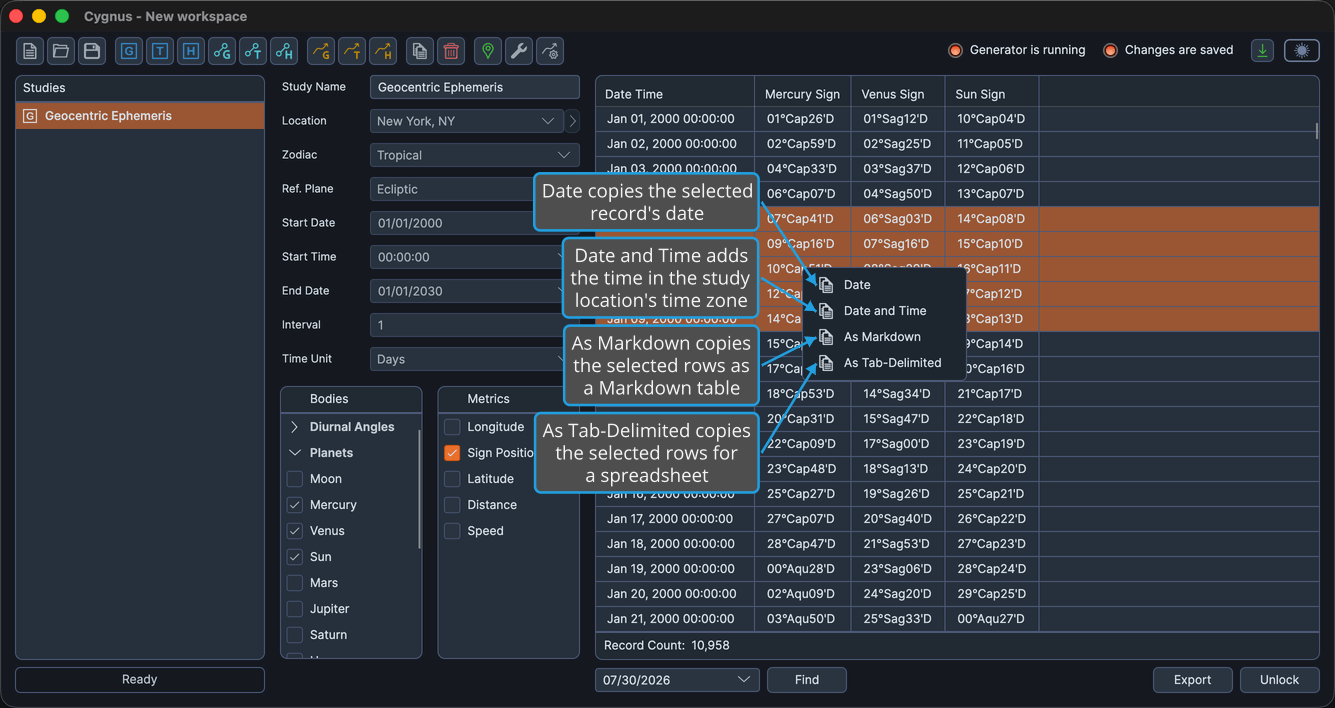 The record context menu open over the ephemeris table, listing Date, Date and Time, As Markdown, and As Tab-Delimited.
