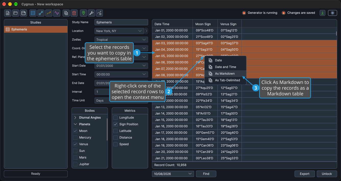 A block of selected records in an Ephemeris study's ephemeris table with the context menu open and As Markdown highlighted.