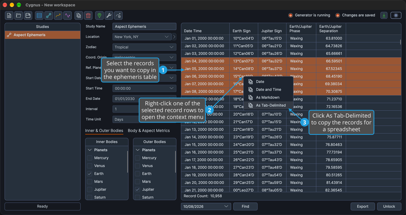 A block of selected records in an Aspect Ephemeris study's ephemeris table with the context menu open and As Tab-Delimited highlighted.