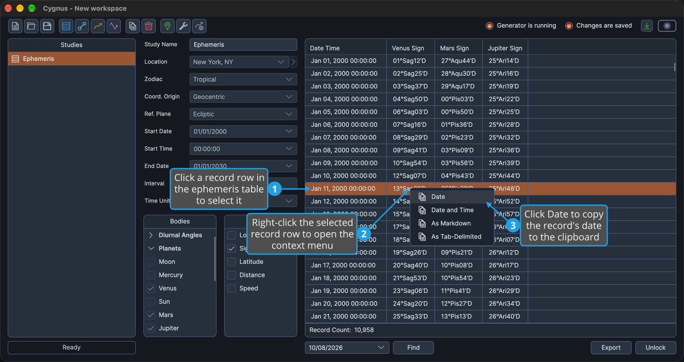 The record context menu open on a selected row of an Ephemeris study's ephemeris table, with Date highlighted.