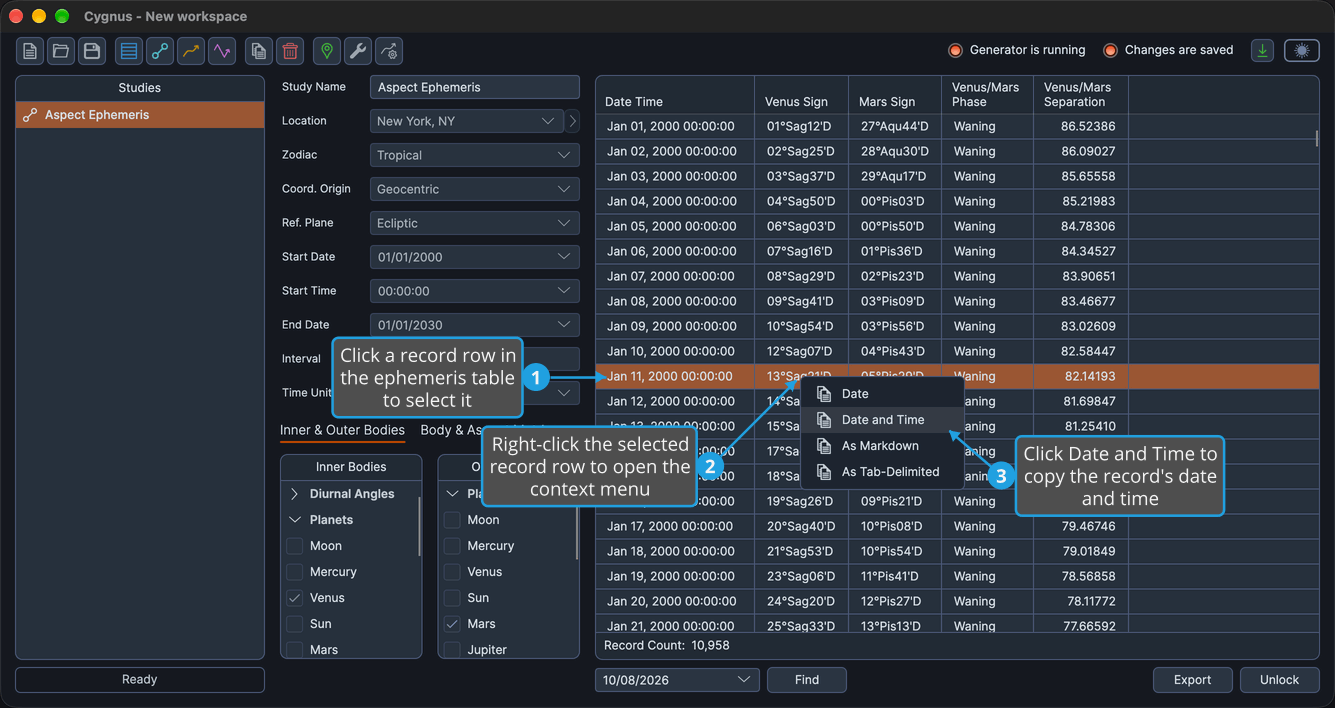 The record context menu open on a selected row of an Aspect Ephemeris study's ephemeris table, with Date and Time highlighted.