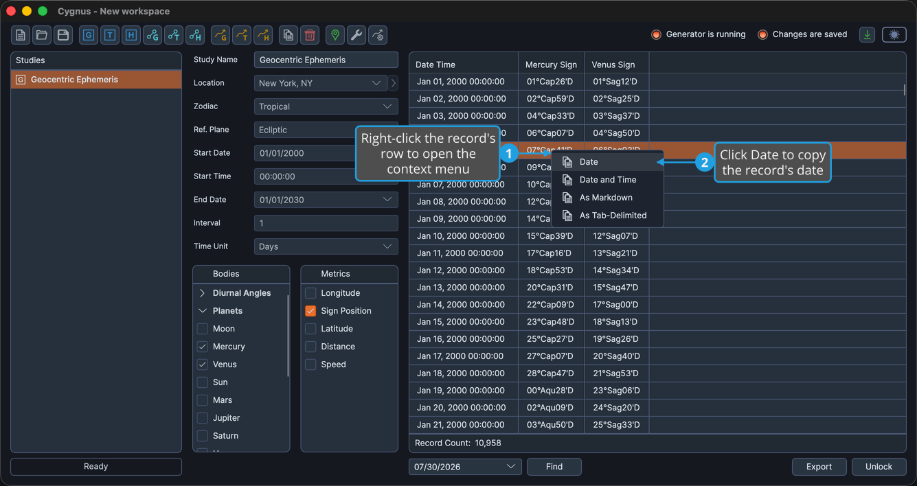 The ephemeris table with one record row selected and the Date command highlighted in the open context menu.