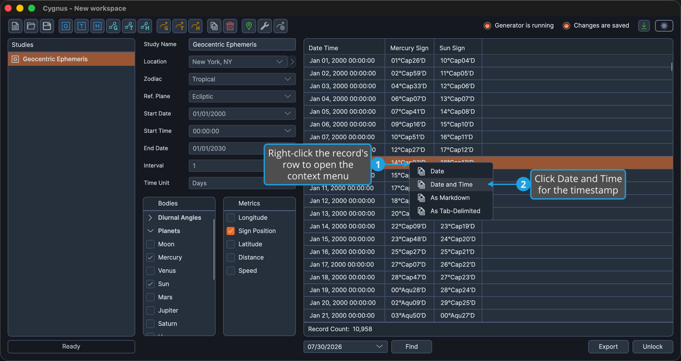The ephemeris table with one record row selected and the Date and Time command highlighted in the open context menu.