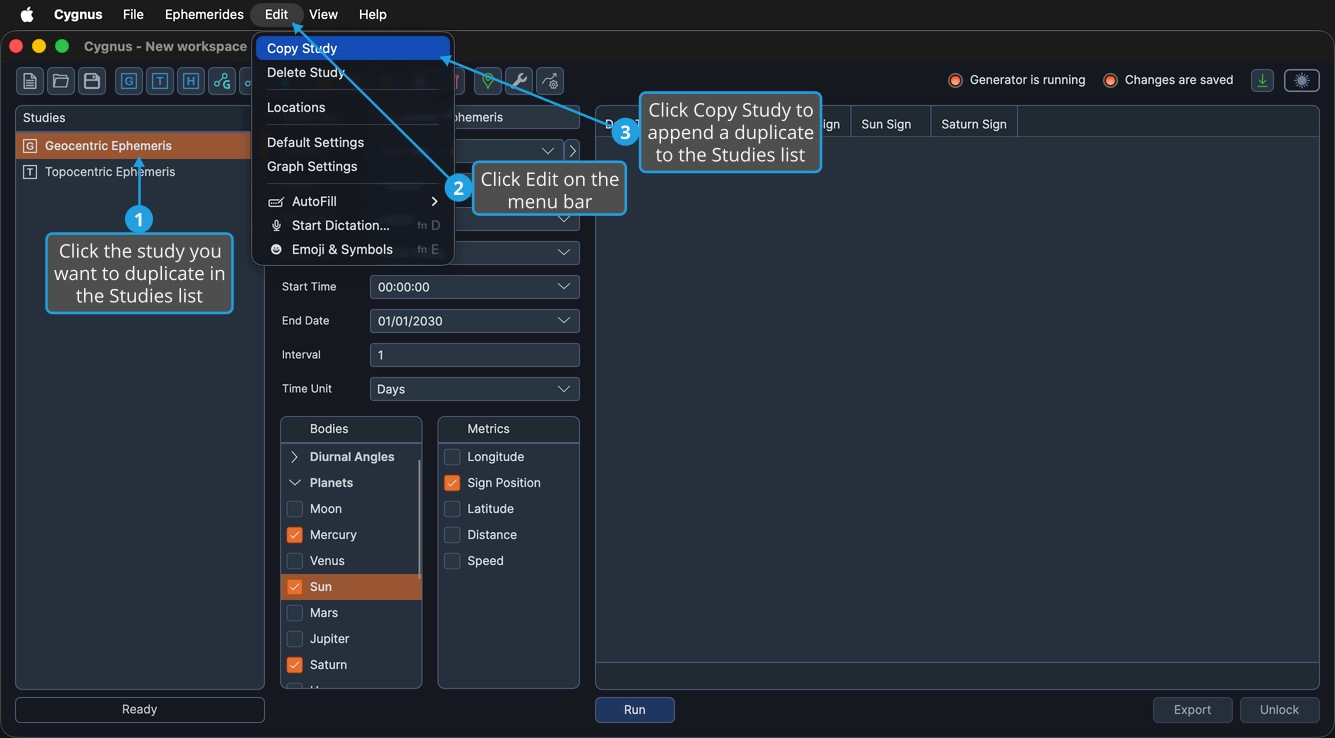 The Edit menu open with Copy Study highlighted, and a Geocentric Ephemeris Study selected in the Studies list.