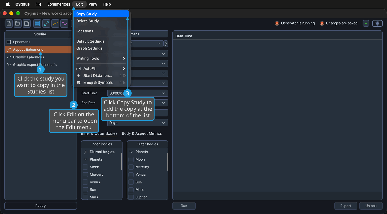 The Edit menu open on the menu bar with Copy Study highlighted and an Aspect Ephemeris study selected in the Studies list.