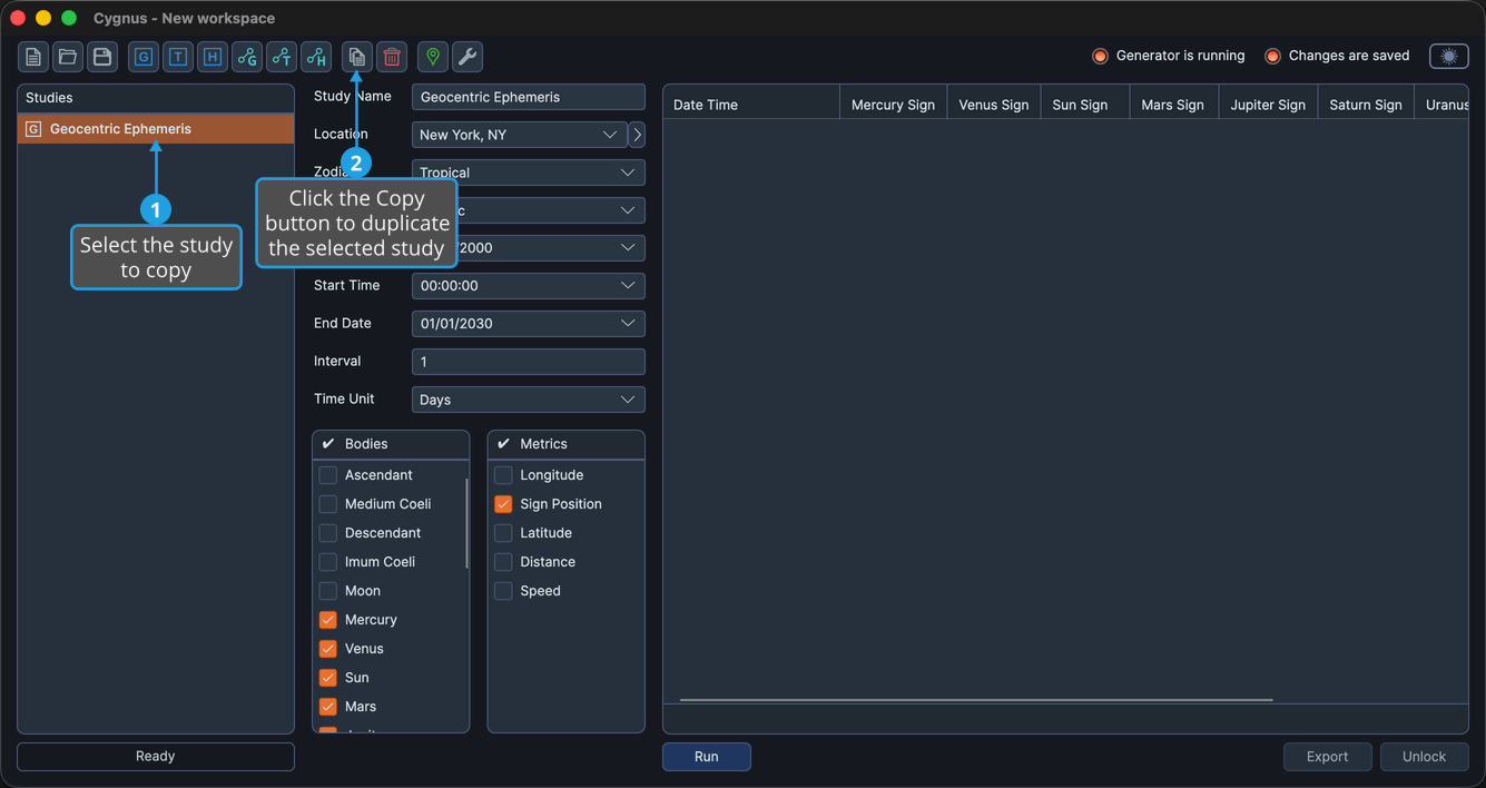 The main window with a study selected in the studies list and the Copy button on the toolbar.