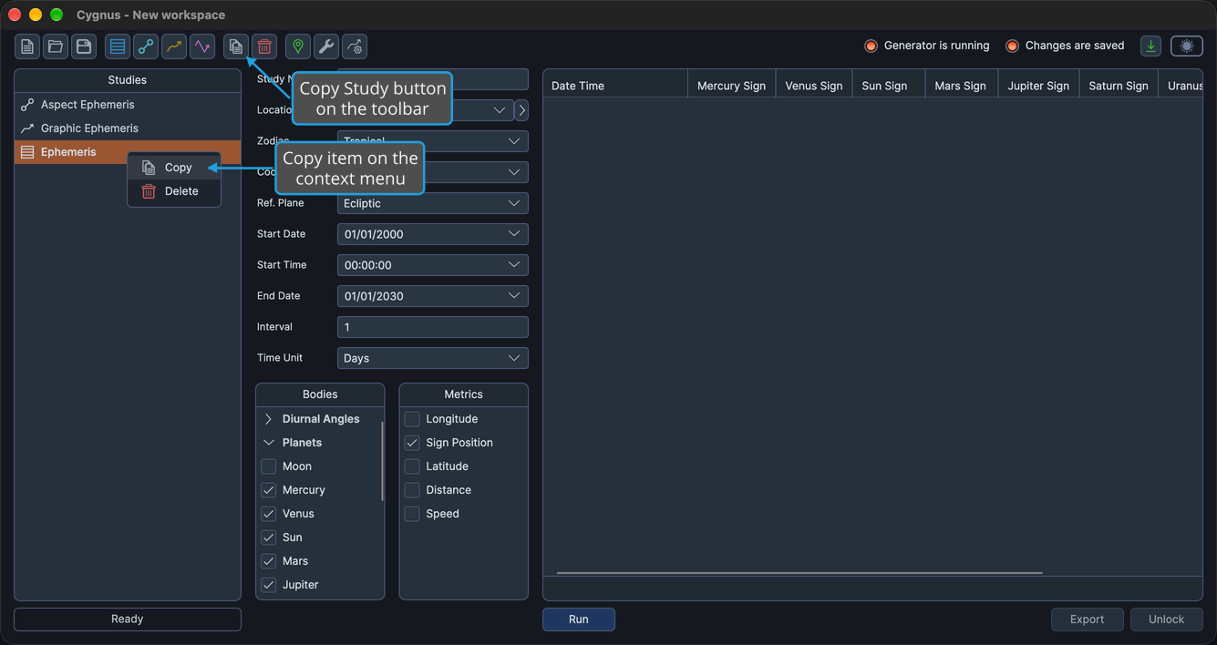 The Studies list context menu open on a selected Ephemeris study, with callouts on its Copy item and on the Copy Study button on the toolbar, which shows the same icon.