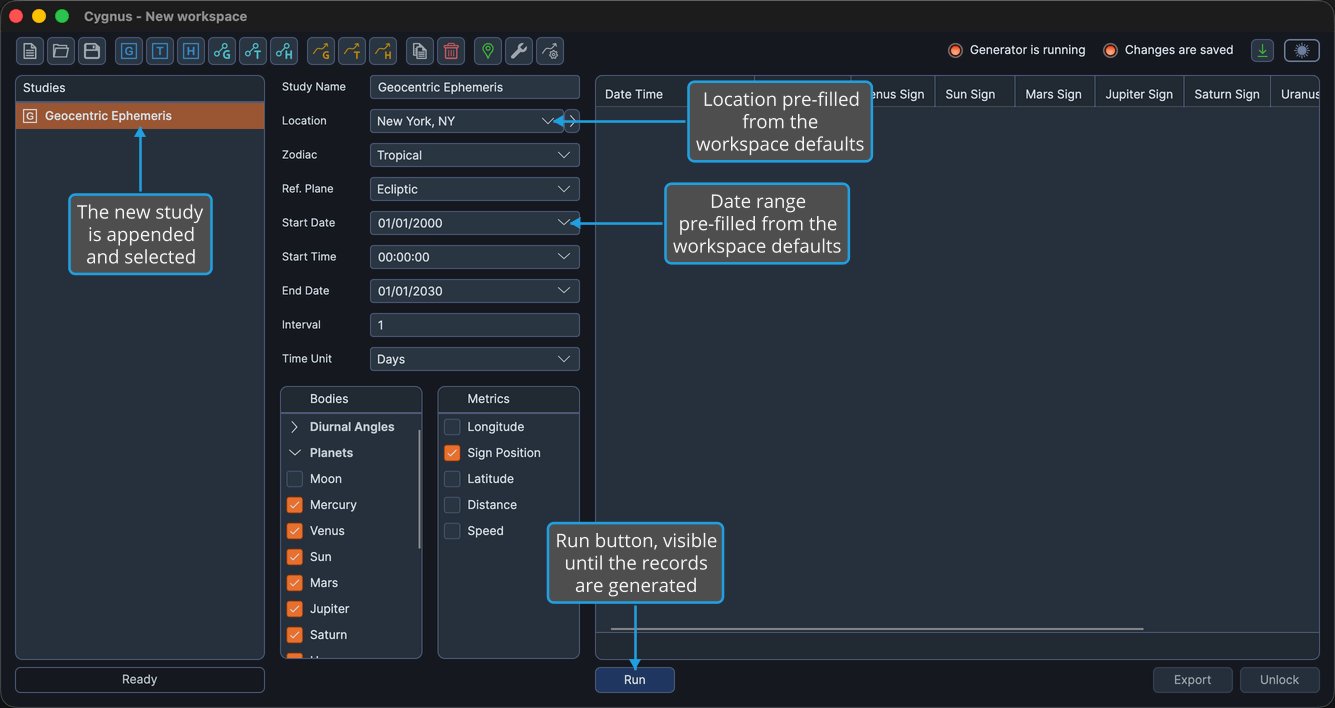 A new Geocentric Ephemeris Study selected in the Studies list with its editor pre-filled from the workspace defaults.