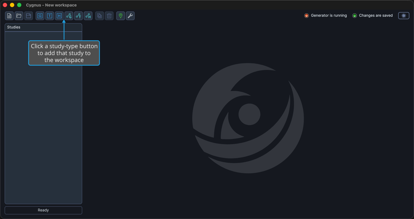 The Cygnus toolbar showing the six study-type buttons.